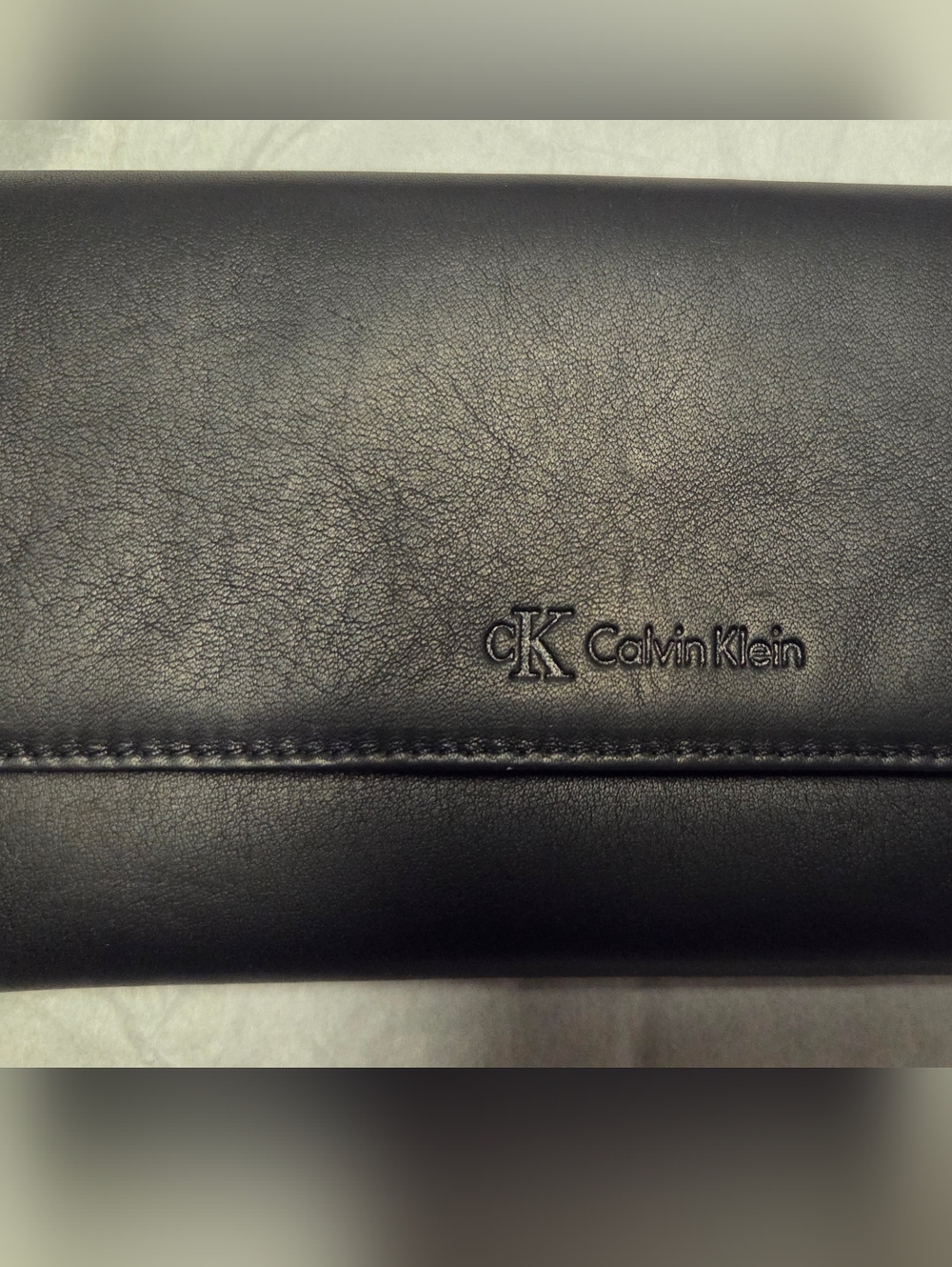 Calvin Klein Black Leather Long Wallet with Vertical Stitch and Embossed Logo